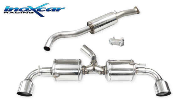 INOX CAR - TUBO CENTRALE SILENZIATO + ADATTATORE + POSTERIORE 2 SILENZIATORI CON USCITA DIAM. 100 RACING DX+SX TOYOTA YARIS GR 1.6 261CV 2020