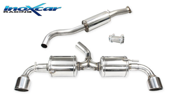 INOX CAR - TUBO CENTRALE SILENZIATO + ADATTATORE + POSTERIORE 2 SILENZIATORI CON USCITA DIAM. 100 X-RACE DX+SX TOYOTA YARIS GR 1.6 261CV 2020