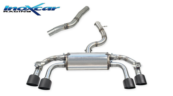INOX CAR - TUBO CENTRALE DIRETTO + POSTERIORE CON USCITA 2 X DIAM. 114 RACING BLACK CERAMIC DX+SX + VALVOLE CON MONTAGGIO MOTORINO ELETTRICI DI SERIE VOLKSWAGEN GOLF 8 2.0 R (333cv) con OPF 4WD 2023