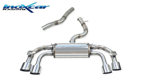 INOX CAR - TUBO CENTRALE DIRETTO + POSTERIORE CON USCITA 2 X DIAM. 114 RACING DX+SX + VALVOLE CON MONTAGGIO MOTORINO ELETTRICI DI SERIE VOLKSWAGEN GOLF 8 2.0 R (333cv) con OPF 4WD 2023