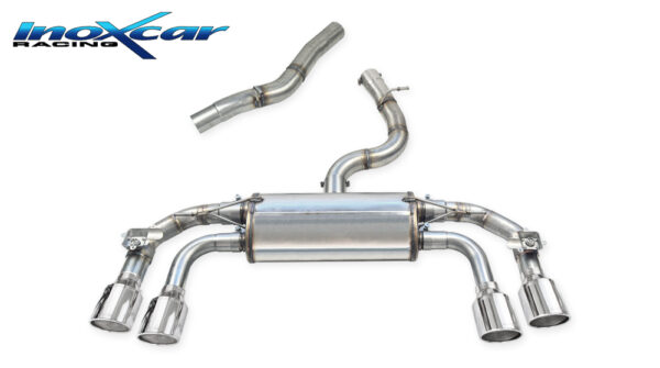 INOX CAR - TUBO CENTRALE DIRETTO + POSTERIORE CON USCITA 2 X DIAM. 100 X-RACE DX+SX + VALVOLE CON MONTAGGIO MOTORINO ELETTRICI DI SERIE VOLKSWAGEN GOLF 8 2.0 R (333cv) con OPF 4WD 2023